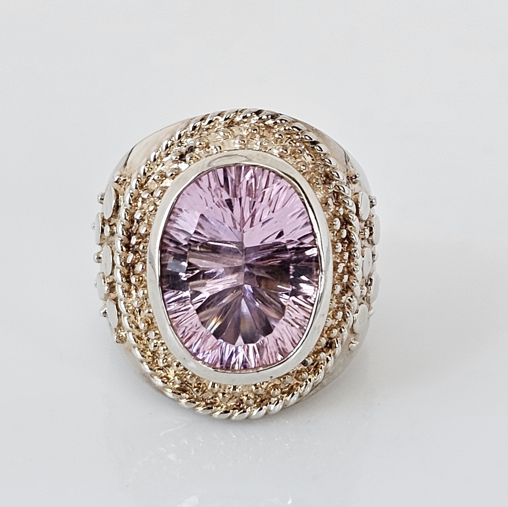 Natural 9.32 Carat Pink Tourmaline Ring Two Toned Band Sterling Silver Sz 8